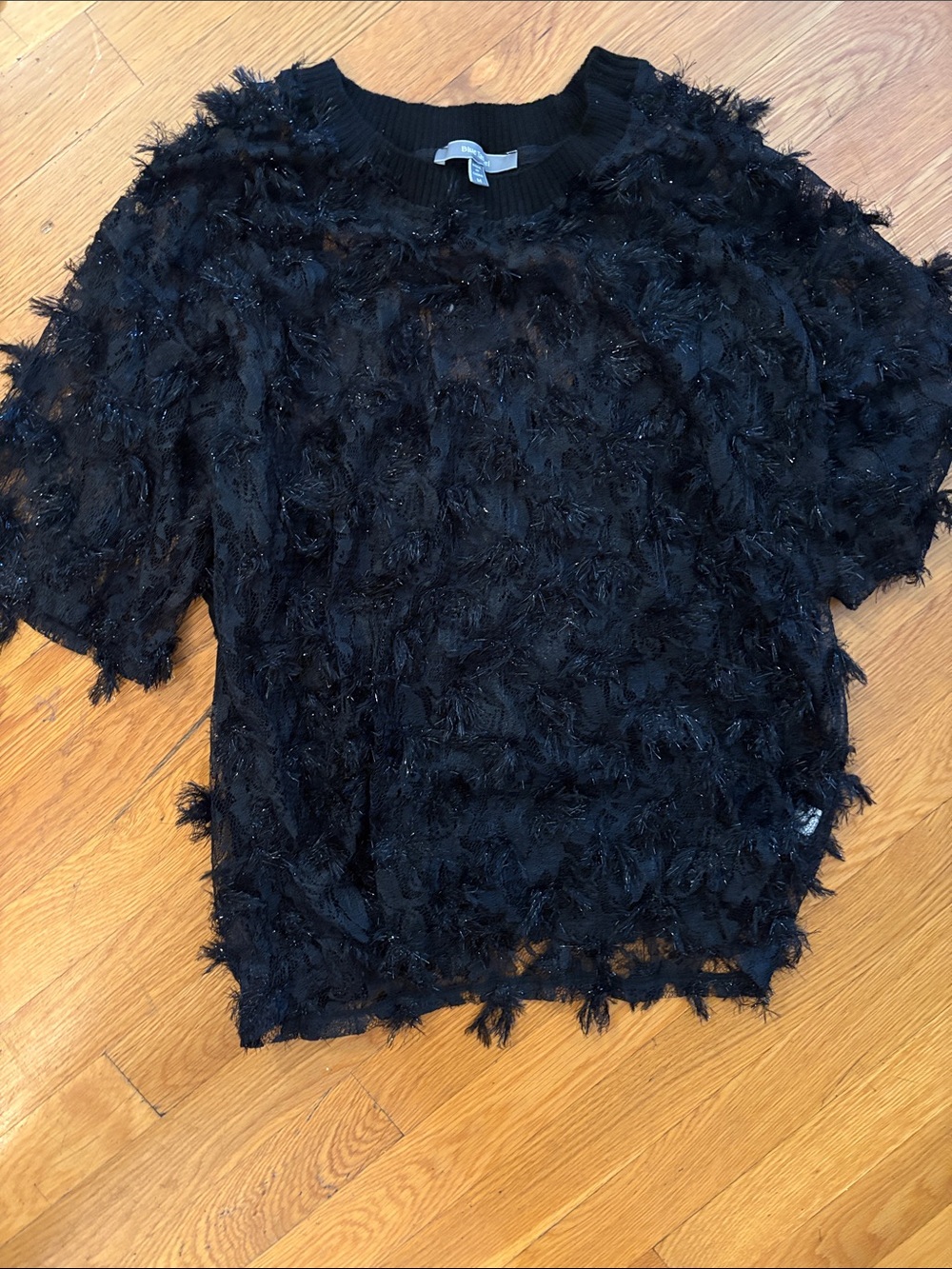 Black Textured Fringe Short-Sleeve Women's Top